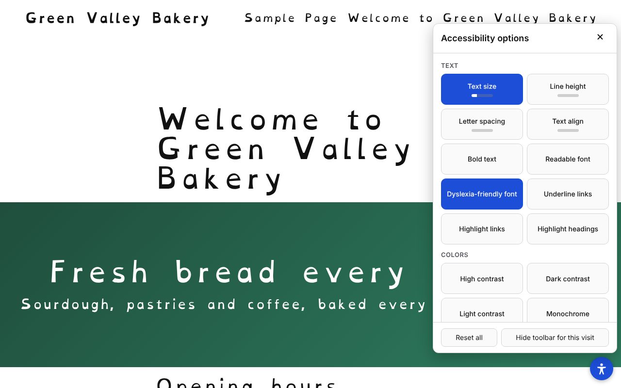 The same bakery page with the Dyslexia-friendly font and a larger Text size turned on: the page text uses the OpenDyslexic font, and the two tools are highlighted in blue in the panel.