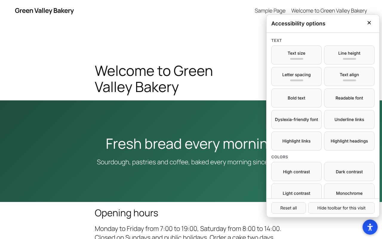 A bakery website with the toolbar panel open on the right: Text tools such as Text size, Line height, Readable font and Dyslexia-friendly font, the first Colors tools, and the Reset all and Hide toolbar for this visit buttons. The round toolbar button sits in the bottom-right corner.