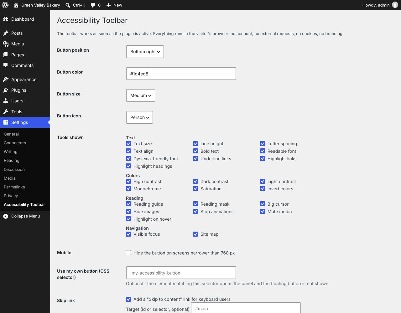 The plugin's settings page in the WordPress dashboard under Settings: button position, color, size and icon, the list of tools shown with a checkbox for each, the mobile option, your own button selector and the skip link.