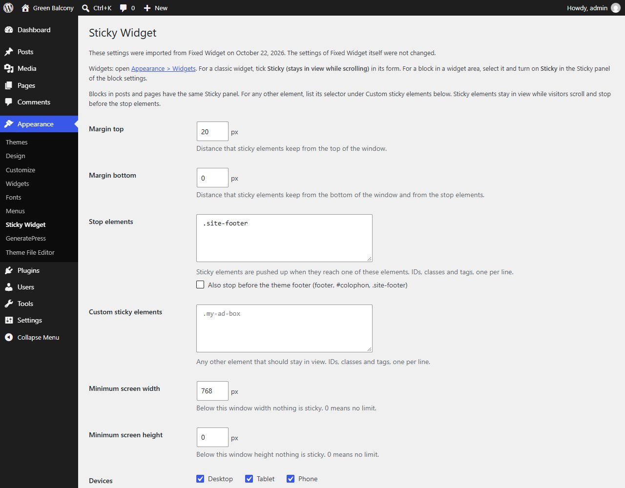 The plugin's settings page in the WordPress dashboard under Appearance: a line saying the settings were imported from Fixed Widget on October 22, 2026, then the fields Margin top, Margin bottom, Stop elements with the footer checkbox, Custom sticky elements, Minimum screen width and height, and the Desktop, Tablet and Phone checkboxes.