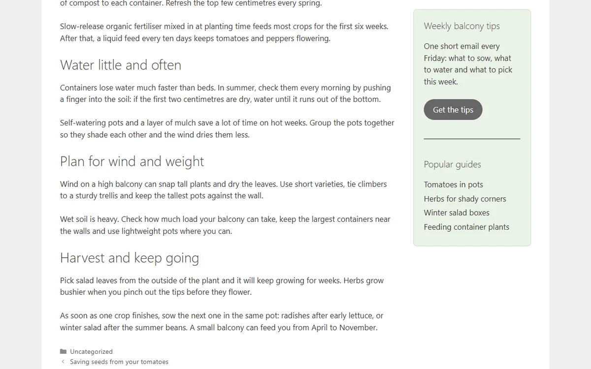 A gardening blog on the GeneratePress theme, scrolled halfway down a long article: the sidebar box with a newsletter signup and a list of popular guides stays at the top of the window while the article text scrolls past.