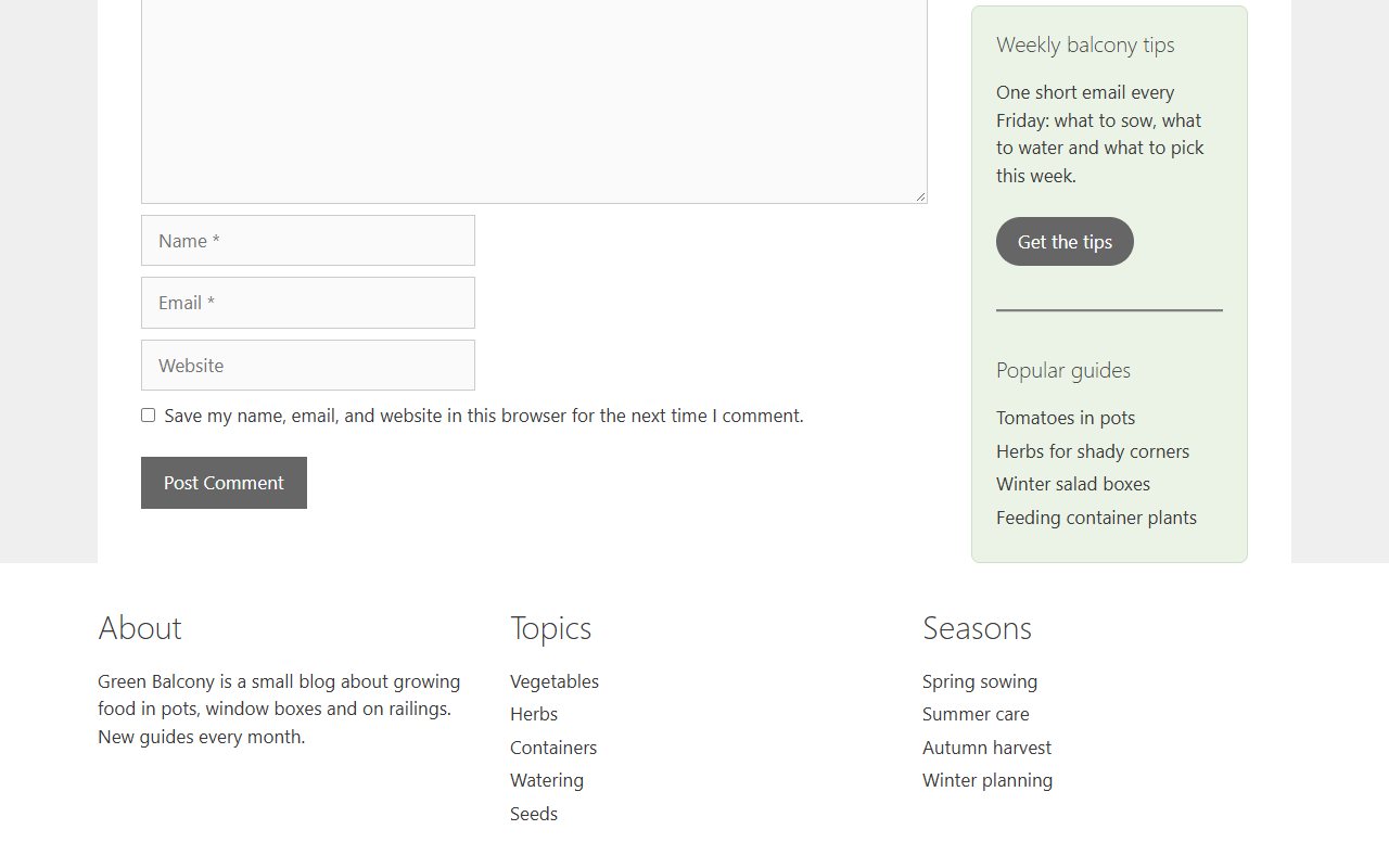 The end of the same article, with the comment form on the left and the three-column footer below: the sidebar box has stopped just above the footer instead of covering it.