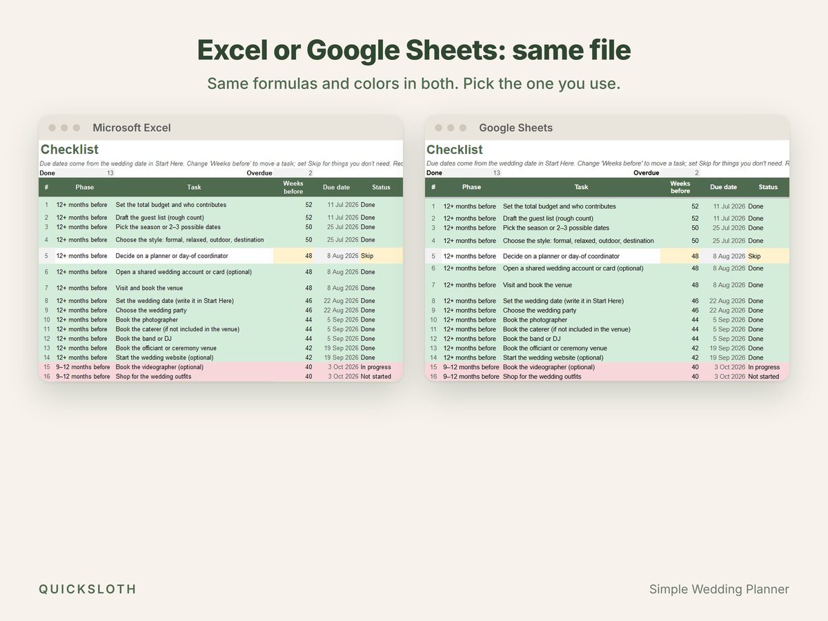 The same Checklist tab open in Microsoft Excel and in Google Sheets side by side, with the same formulas and colors.
